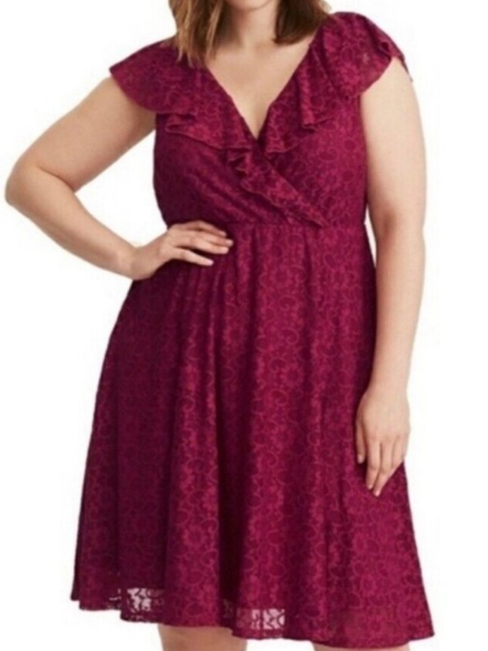 Torrid Berry Lace Surplice Bodice Skater Dress - Picture 3 of 8